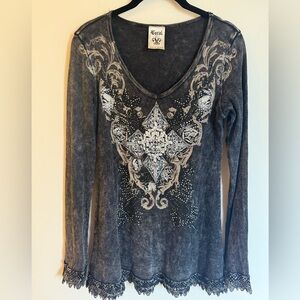 VOCAL Womens CRYSTAL BLACK MINERAL DYE CROSS FLORAL BLING SHIRT Sz S